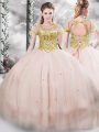 Pink Ball Gowns Beading Quince Ball Gowns Lace Up Tulle Short Sleeves Floor Length