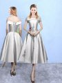 Tea Length Silver Quinceanera Court Dresses Off The Shoulder Sleeveless Lace Up