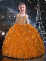 Wonderful Organza Straps Sleeveless Lace Up Beading and Ruffles Little Girl Pageant Dress in Orange Red