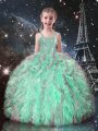 Turquoise Organza Lace Up Straps Sleeveless Floor Length Little Girl Pageant Dress Beading and Ruffles