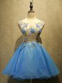 Fabulous Baby Blue Scoop Neckline Embroidery Dress for Prom Sleeveless Lace Up
