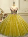 Traditional Floor Length Ball Gowns Sleeveless Gold Quinceanera Gown Lace Up