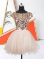Scoop Short Sleeves Prom Party Dress Mini Length Sequins Peach Organza