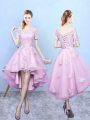 Traditional Off The Shoulder Short Sleeves Bridesmaid Gown High Low Lace Rose Pink Tulle