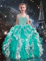 Stylish Turquoise Straps Lace Up Beading and Ruffles High School Pageant Dress Sleeveless