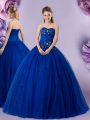 Sweetheart Sleeveless Vestidos de Quinceanera Floor Length Beading and Appliques Royal Blue Tulle