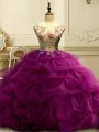 Sleeveless Floor Length Appliques and Ruffles and Sequins Lace Up 15th Birthday Dress with Fuchsia