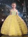 Shining Straps Sleeveless Little Girls Pageant Gowns Floor Length Beading and Ruffled Layers Champagne Tulle