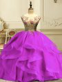 Fuchsia Sleeveless Floor Length Appliques and Ruffles Lace Up Sweet 16 Dresses