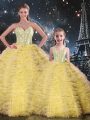 Pretty Yellow Tulle Lace Up Sweetheart Sleeveless Floor Length 15th Birthday Dress Beading and Ruffles