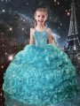 Fitting Beading and Ruffles Child Pageant Dress Teal Lace Up Sleeveless Floor Length