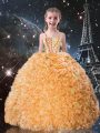 Shining Straps Sleeveless Pageant Dress Floor Length Beading and Ruffles Gold Organza