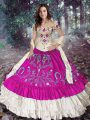 Stylish Taffeta Off The Shoulder Sleeveless Lace Up Embroidery and Ruffled Layers Quinceanera Gown in Fuchsia