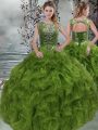 Floor Length Olive Green Sweet 16 Dresses Organza Sleeveless Beading and Ruffles