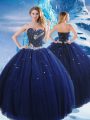 Super Sweetheart Sleeveless Sweet 16 Quinceanera Dress Floor Length Beading Navy Blue Tulle