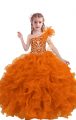 Traditional Floor Length Orange Red Pageant Dress Toddler One Shoulder Sleeveless Lace Up