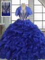 Royal Blue Ball Gowns Sweetheart Short Sleeves Organza Floor Length Lace Up Ruffles Quinceanera Gowns