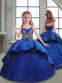 Lovely Royal Blue Spaghetti Straps Neckline Embroidery Kids Pageant Dress Sleeveless Lace Up