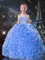 Custom Made Baby Blue Ball Gowns Organza Straps Sleeveless Beading and Ruffles Floor Length Lace Up Pageant Gowns For Girls