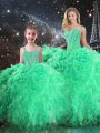 Elegant Floor Length Green Sweet 16 Dress Organza Sleeveless Beading and Ruffles