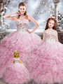 Floor Length Baby Pink Ball Gown Prom Dress Organza Sleeveless Beading and Ruffles