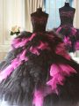Pink And Black Three Pieces Sweetheart Sleeveless Tulle Floor Length Lace Up Beading and Ruffles Quinceanera Gowns