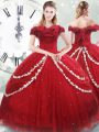 Wine Red Tulle Lace Up Sweet 16 Dresses Sleeveless Brush Train Appliques and Pick Ups
