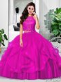 Fuchsia Tulle Zipper Halter Top Sleeveless Floor Length Sweet 16 Quinceanera Dress Lace and Ruffles