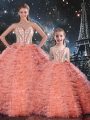 Superior Watermelon Red Lace Up Sweetheart Beading and Ruffles Vestidos de Quinceanera Tulle Sleeveless