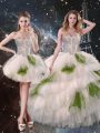 White Three Pieces Beading and Ruffled Layers and Sequins Sweet 16 Quinceanera Dress Lace Up Tulle Sleeveless Floor Length
