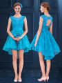 Modest Baby Blue Dama Dress for Quinceanera Wedding Party with Lace Scoop Sleeveless Lace Up
