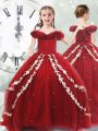 Off The Shoulder Sleeveless Child Pageant Dress Brush Train Appliques Wine Red Tulle