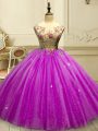 Scoop Sleeveless Tulle Ball Gown Prom Dress Appliques and Sequins Lace Up
