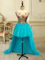 Baby Blue Ball Gowns Embroidery Prom Evening Gown Lace Up Organza Sleeveless High Low