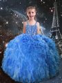 Glamorous Baby Blue Straps Neckline Beading and Ruffles Pageant Gowns For Girls Sleeveless Lace Up