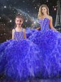 Blue Ball Gowns Sweetheart Sleeveless Organza Floor Length Lace Up Beading and Ruffles Ball Gown Prom Dress