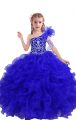 Extravagant Floor Length Royal Blue Little Girls Pageant Dress Organza Sleeveless Beading and Ruffles