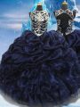 Suitable High-neck Sleeveless 15th Birthday Dress Floor Length Appliques and Ruffles and Pick Ups Navy Blue Taffeta