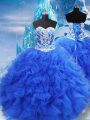 Blue Ball Gowns Organza Sweetheart Sleeveless Beading and Ruffles Floor Length Lace Up Vestidos de Quinceanera
