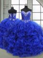 Custom Design Royal Blue Organza Lace Up 15th Birthday Dress Sleeveless Floor Length Beading and Ruffles