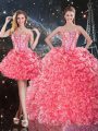 Coral Red Lace Up 15 Quinceanera Dress Beading and Ruffles Sleeveless Floor Length