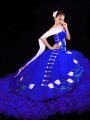 Deluxe Sweetheart Sleeveless Quinceanera Gowns Brush Train Embroidery Royal Blue Organza