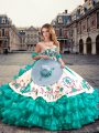 Wonderful Sweetheart Sleeveless Quinceanera Dress Floor Length Embroidery and Ruffled Layers Turquoise Organza and Taffeta