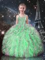 Floor Length Lace Up Pageant Gowns For Girls Apple Green for Quinceanera and Wedding Party with Beading and Ruffles