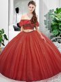 Sleeveless Organza Floor Length Lace Up Quinceanera Gowns in Coral Red with Lace