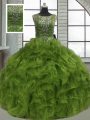 Graceful Floor Length Olive Green Sweet 16 Quinceanera Dress Organza Sleeveless Beading and Ruffles