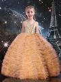 Glittering Orange Red Lace Up Kids Formal Wear Beading and Ruffled Layers Sleeveless Floor Length