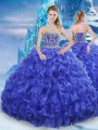 Colorful Royal Blue Ball Gowns Organza Strapless Sleeveless Beading and Appliques and Ruffles Floor Length Lace Up 15 Quinceanera Dress