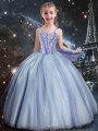 Fantastic Light Blue Tulle Lace Up Straps Sleeveless Floor Length Little Girl Pageant Dress Beading