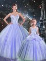 Simple Lavender Ball Gowns Sweetheart Sleeveless Tulle Floor Length Lace Up Beading Sweet 16 Quinceanera Dress